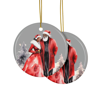 Christmas Ceramic Ornament Set - Black Santa and Mrs Claus, 2-Side Print-African American Decor