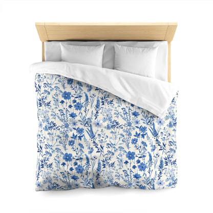 Floral Toile Microfiber Duvet Cover, Vintage Blue French Country Bedding