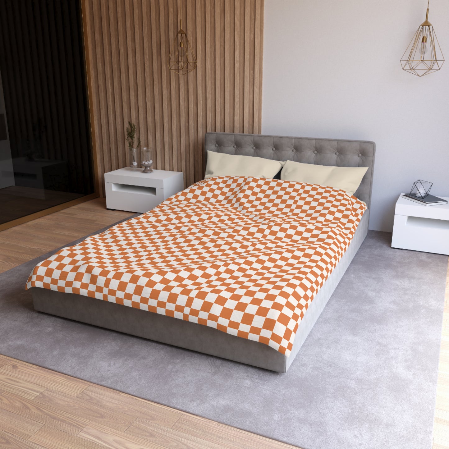 Checkerboard Duvet Cover, Modern Geometric Bedding, Retro Orange and White Pattern,