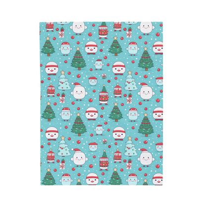 a blue christmas throw blanket with snowmen and trees