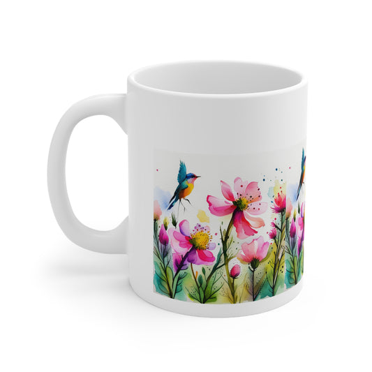 Floral Coffee Mug, Pressed Pink Watercolor Wildflowers  Ceramic Mug 11oz,