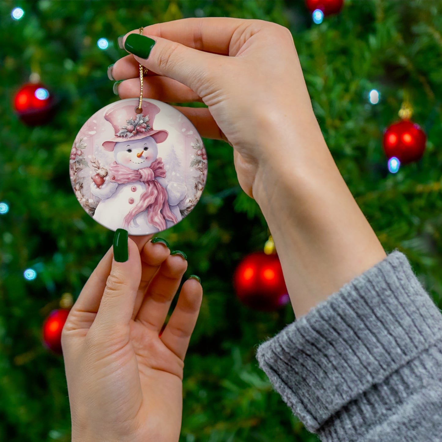 Pink Snowman Ceramic Ornament Cute Tree  Ornament