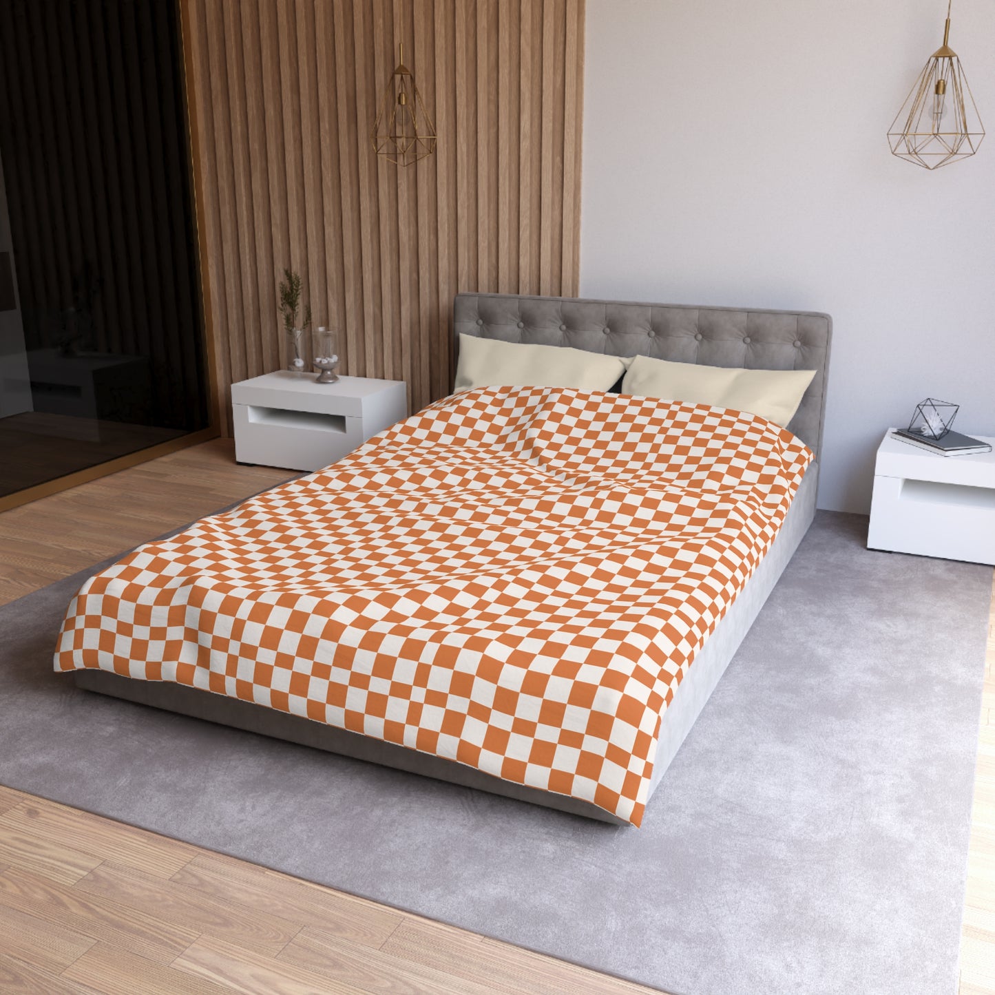 Checkerboard Duvet Cover, Modern Geometric Bedding, Retro Orange and White Pattern,