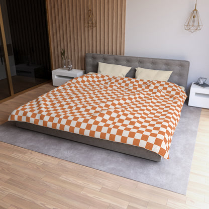 Checkerboard Duvet Cover, Modern Geometric Bedding, Retro Orange and White Pattern,