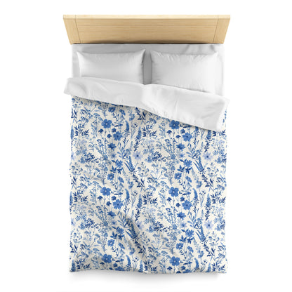 Floral Toile Microfiber Duvet Cover, Vintage Blue French Country Bedding