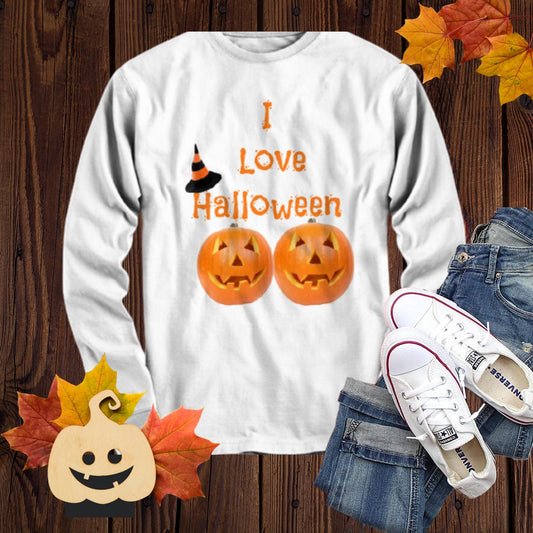 I Love Halloween Long Sleeve T-Shirt White Halloween Gifts Funny Shirt Unisex shirt with sayings