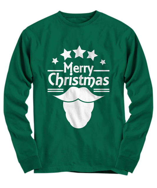 Merry Christmas Novelty Green Long Sleeve T-Shirt Cool Santa Beard Funny