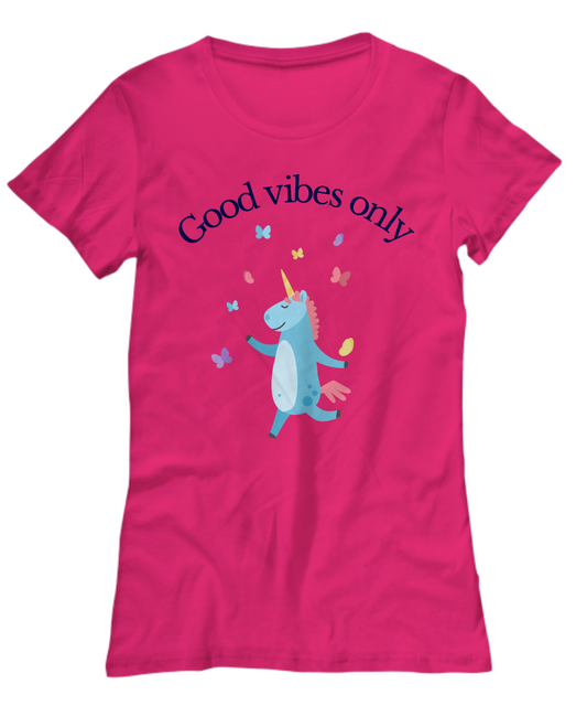 Woman pink Unicorn cotton t-shirt with Good Vibes .